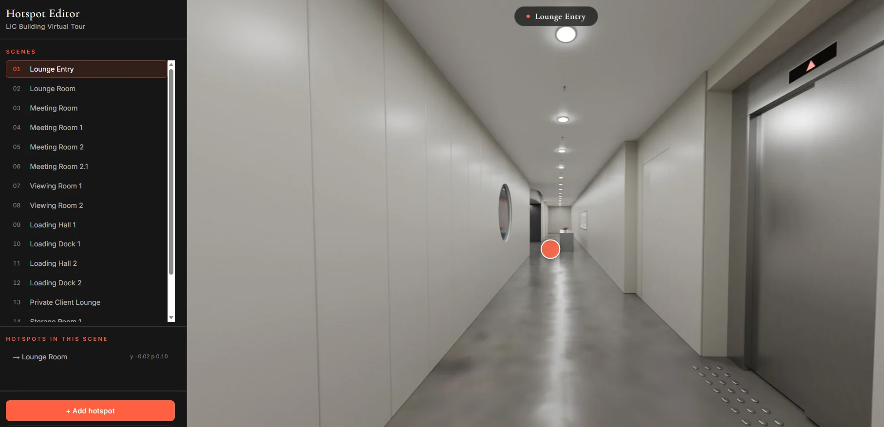 The custom in-browser hotspot editor built to place navigation links in the LIC Building virtual tour