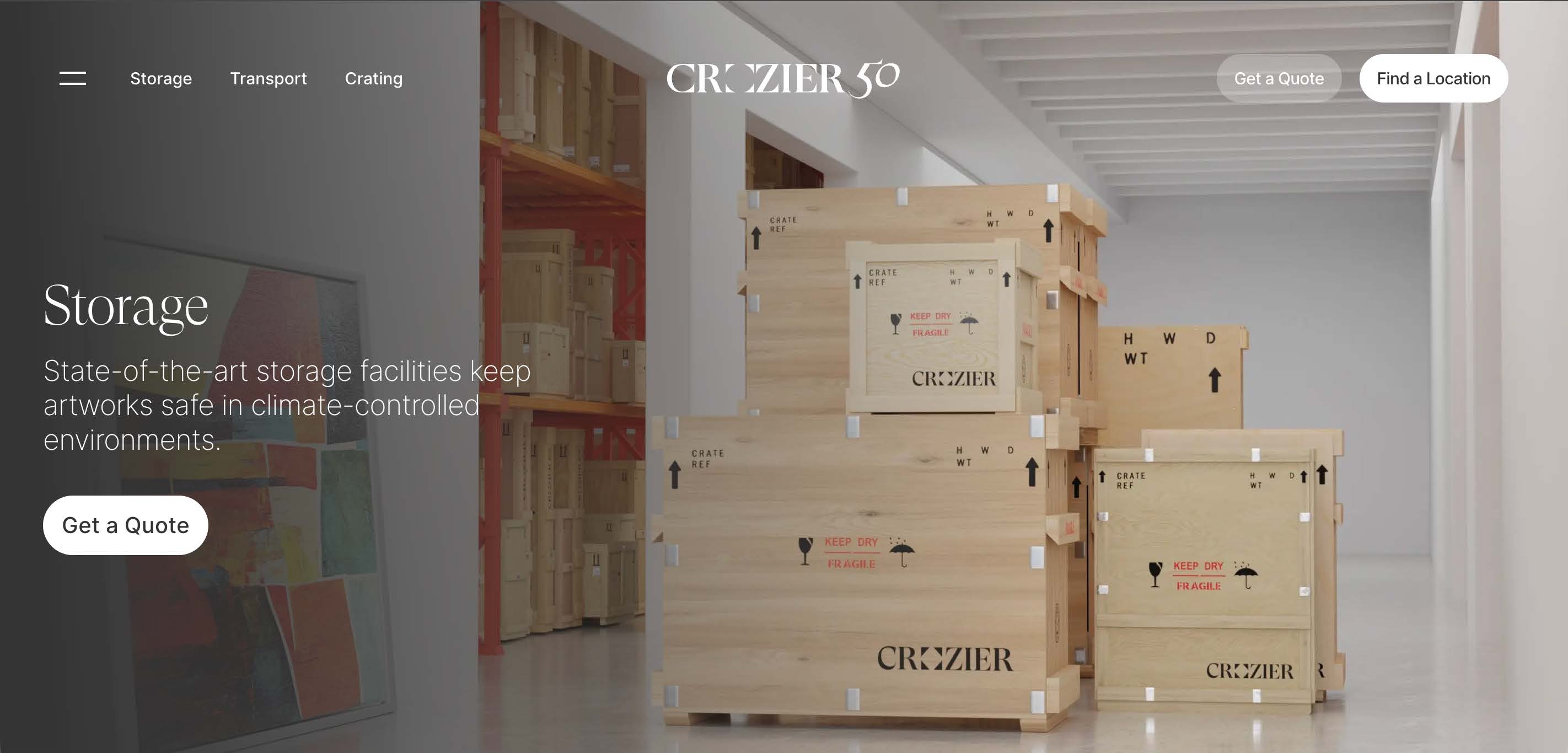 Crozier Fine Arts Crating page — our render as hero image