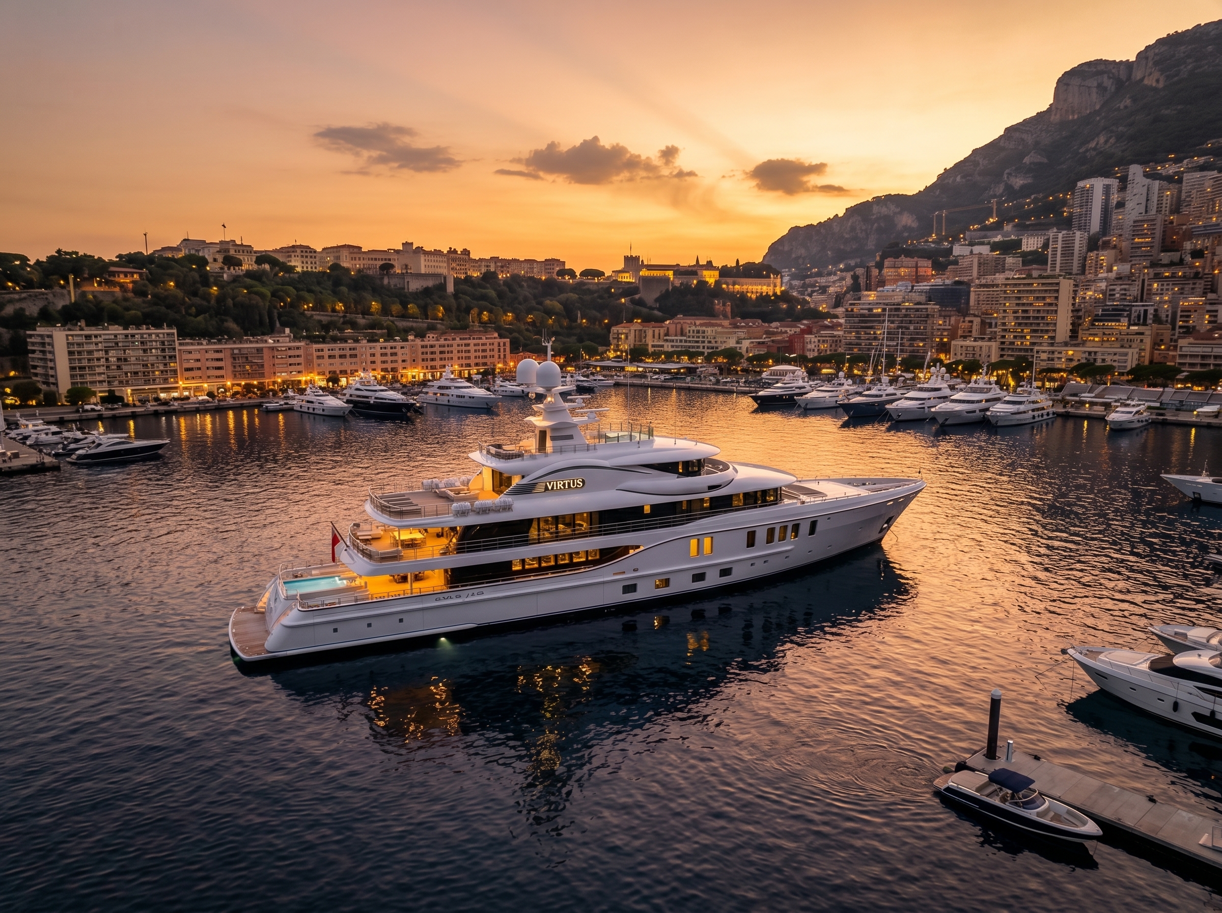 PLVS VLTRA at anchor — Monaco harbor at sunset