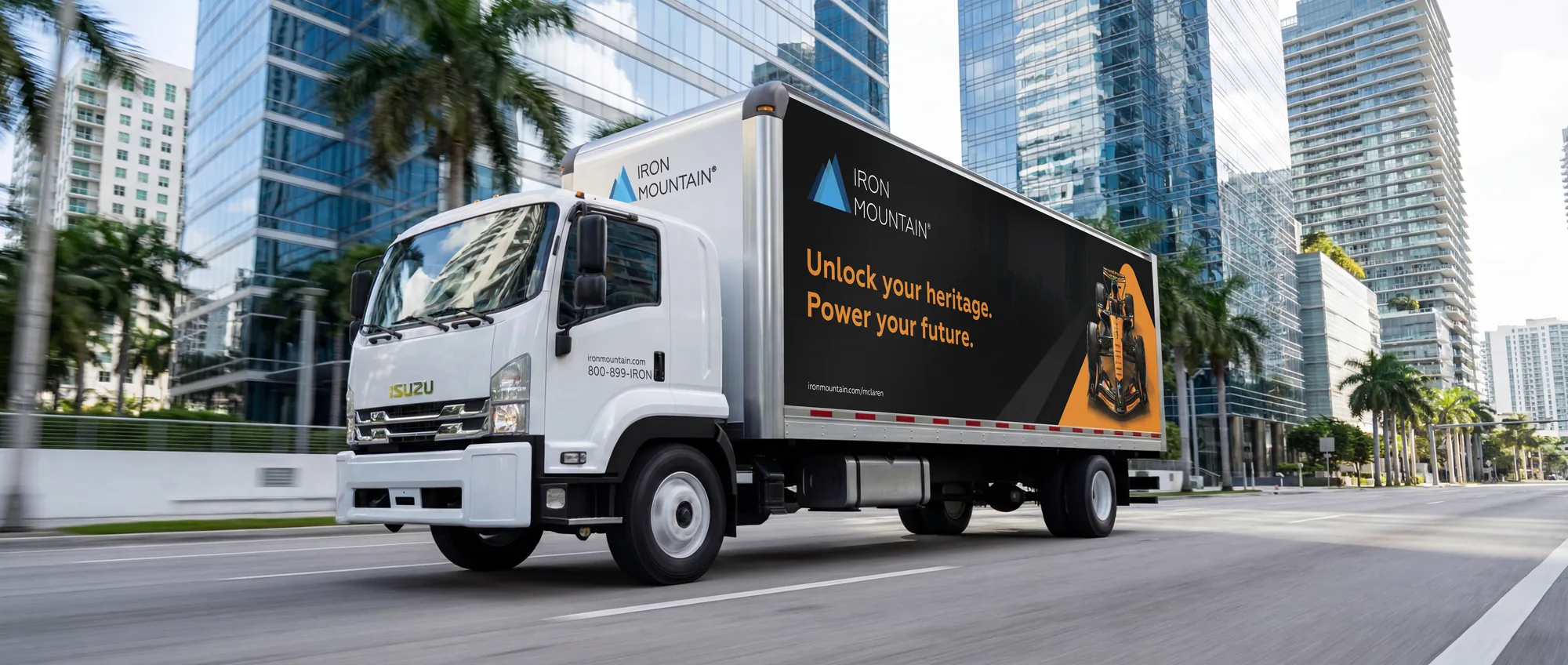Iron Mountain McLaren truck on Brickell Avenue, Miami in daylight