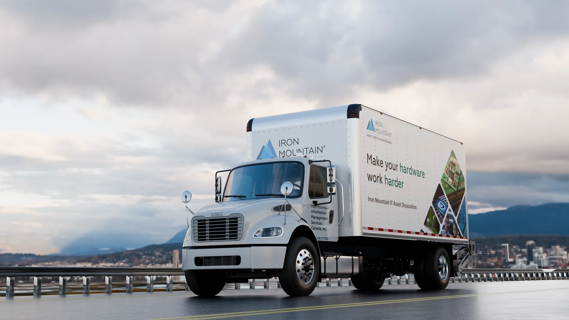 3D render of an Iron Mountain Freightliner box truck with circuit-pattern wrap