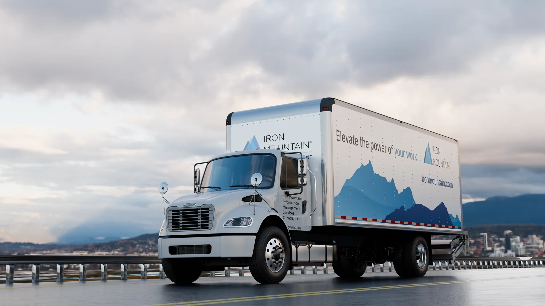 3D render of an Iron Mountain Freightliner box truck, front three-quarter view