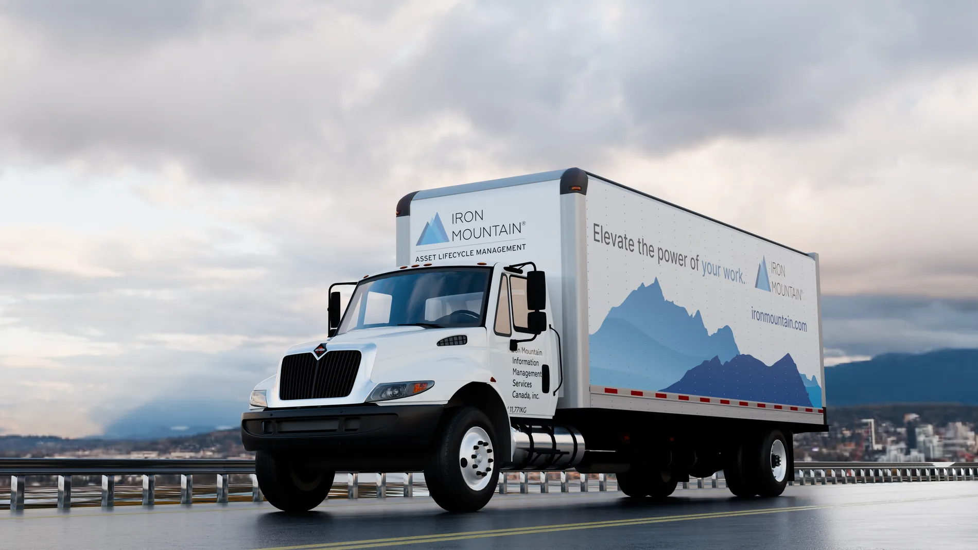 3D render of an Iron Mountain International box truck, front three-quarter view