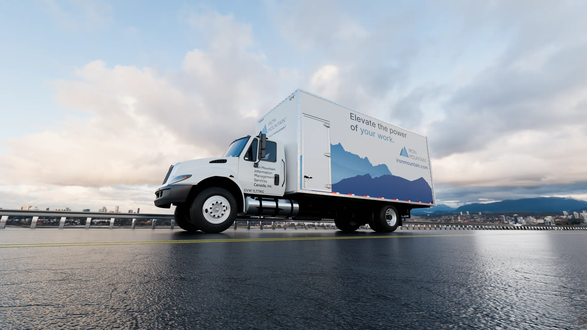 3D render of an Iron Mountain International box truck