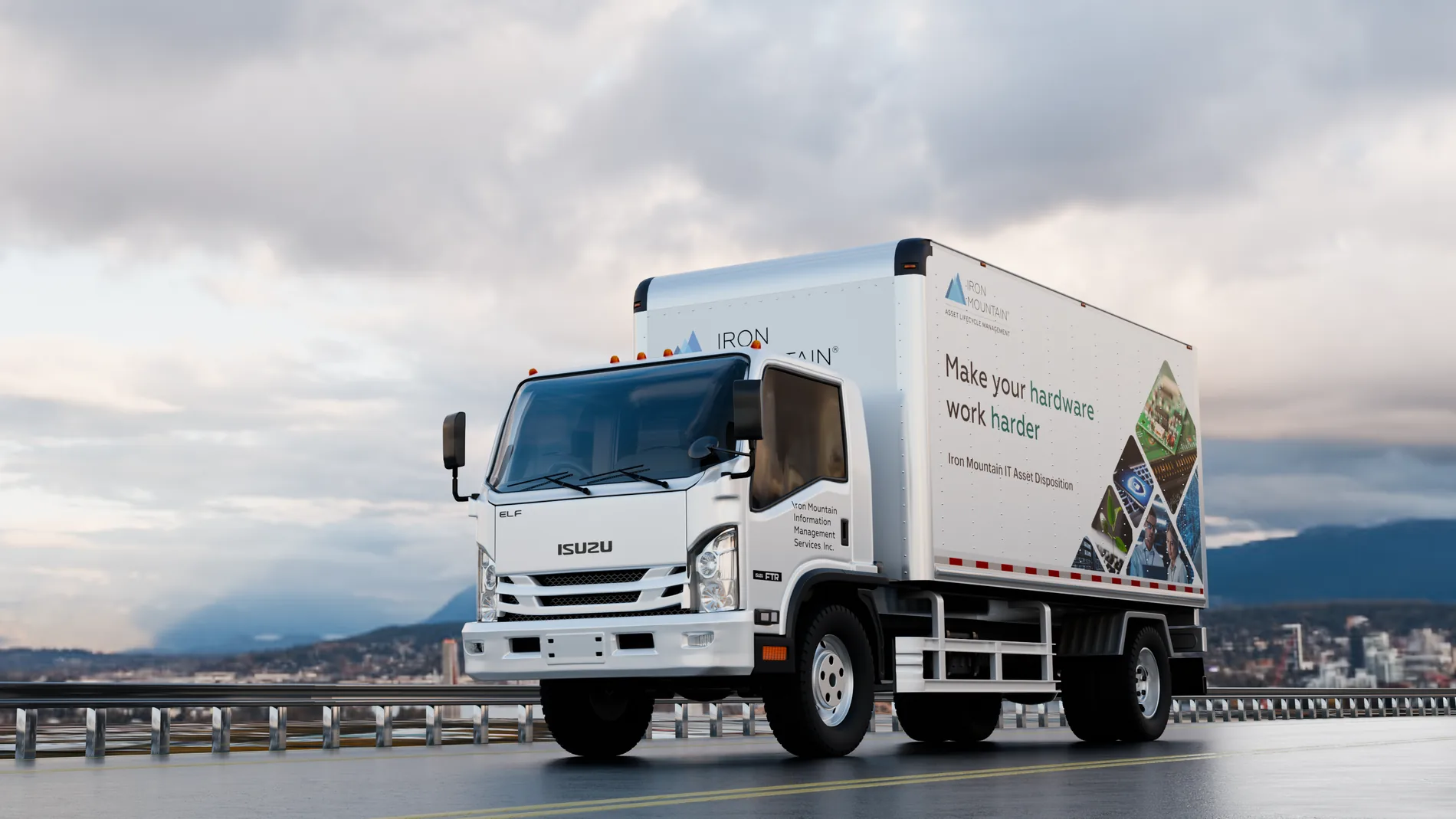 3D render of an Iron Mountain Isuzu box truck in IT Asset Disposition livery