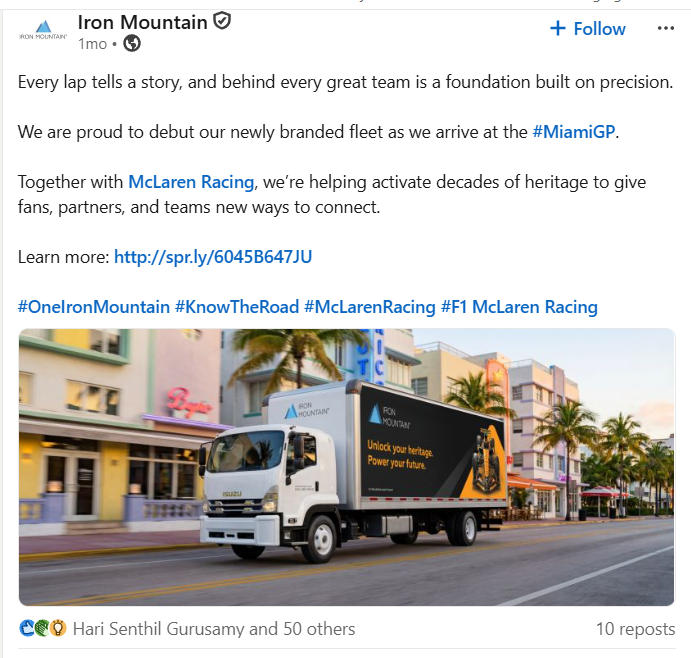 Iron Mountain McLaren fleet launch post on LinkedIn